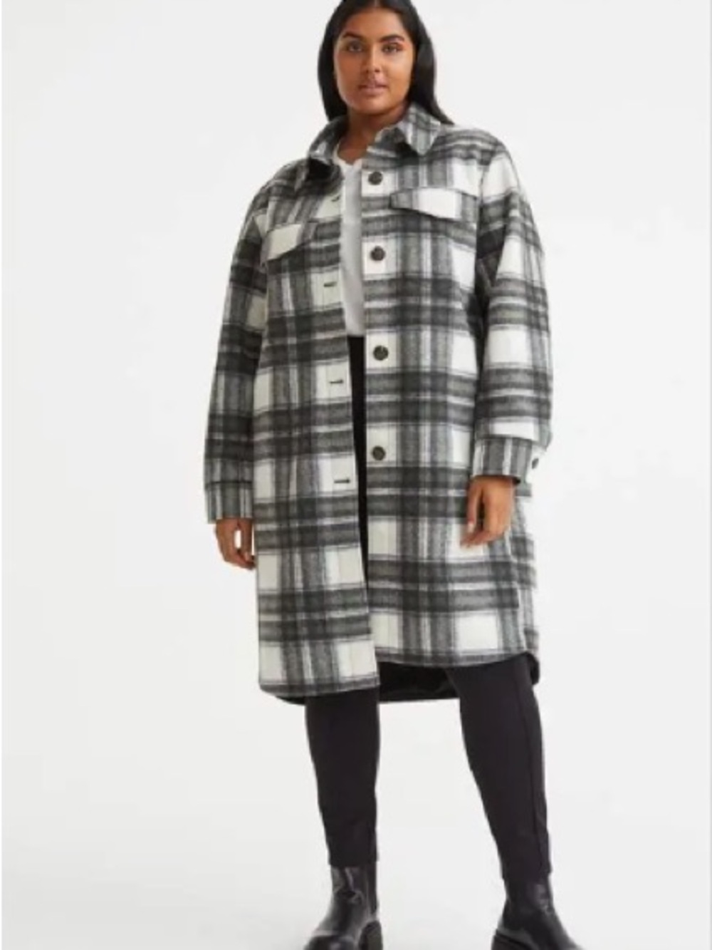 H&M Green, Ivory & Navy Checked Longline Shacket